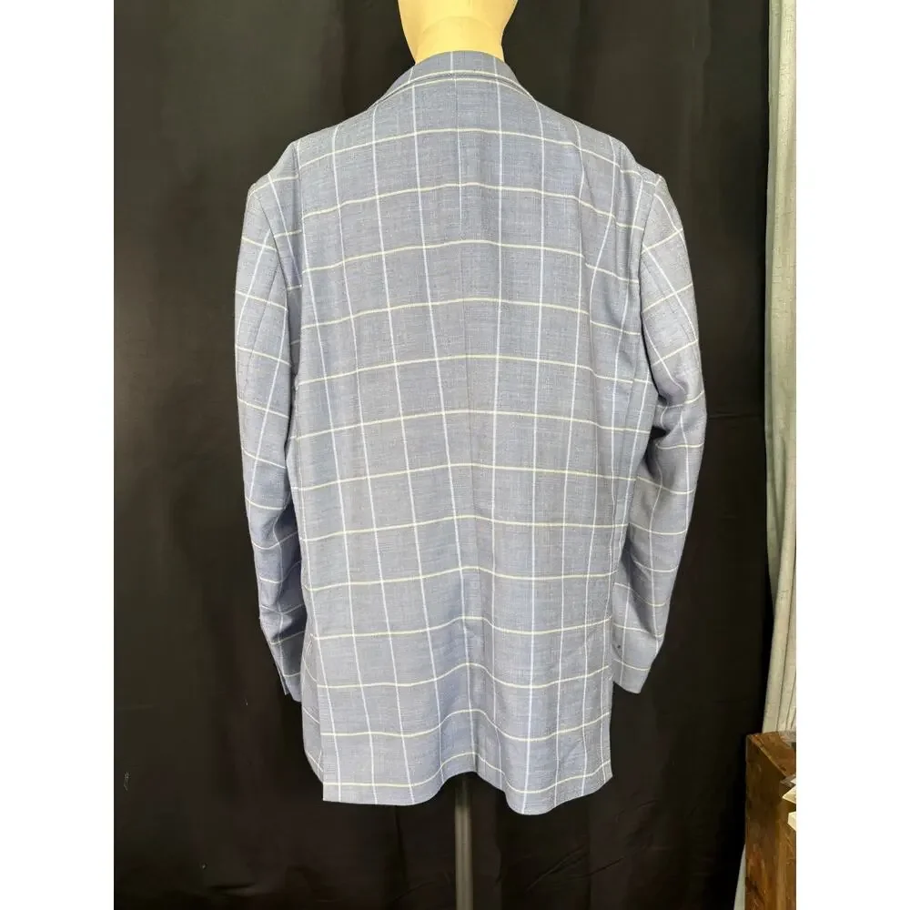 Lorenzo Bruno Italian Design Blazer, Blue Plaid, Sports Coat, Super 150 Lined